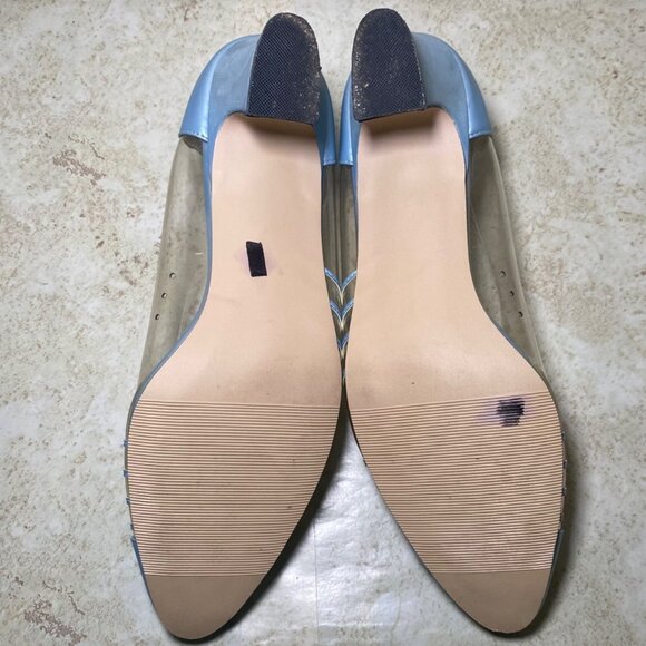 Vintage Womens Princess Blue Pumps Clear Sides Silver Accents Retro Prom Wedding - Picture 8 of 12